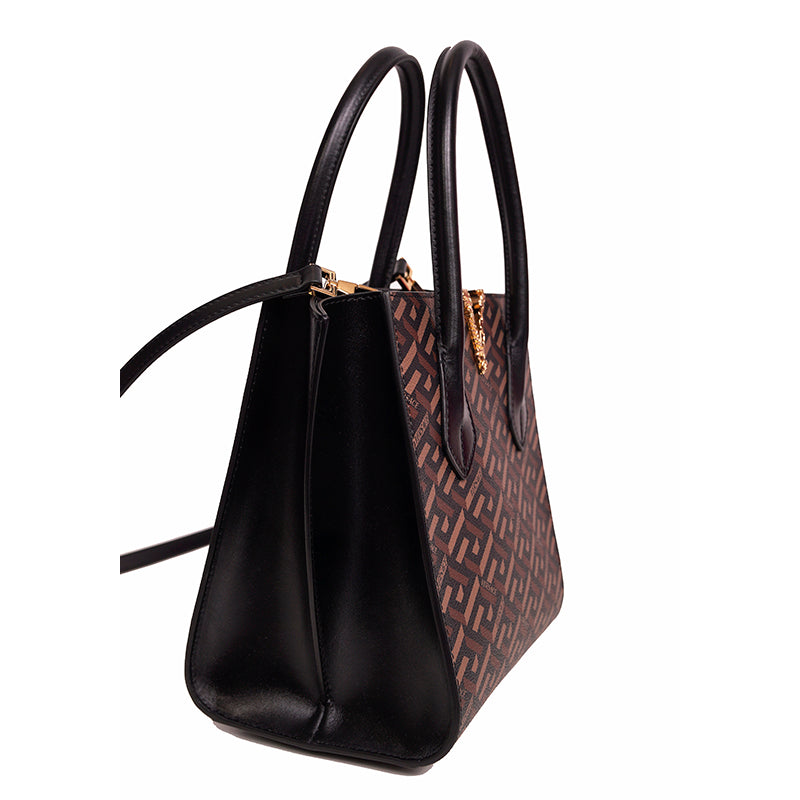 NEW $2,025 VERSACE Coated Canvas Brown LA GRECA VIRTUS V Medium Crossbody BAG