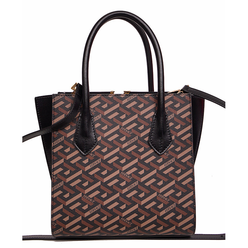 NEW $2,025 VERSACE Coated Canvas Brown LA GRECA VIRTUS V Medium Crossbody BAG