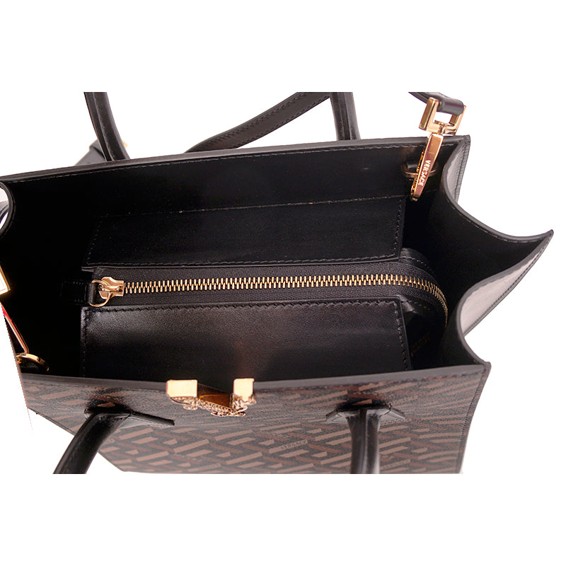 NEW $2,025 VERSACE Coated Canvas Brown LA GRECA VIRTUS V Medium Crossbody BAG