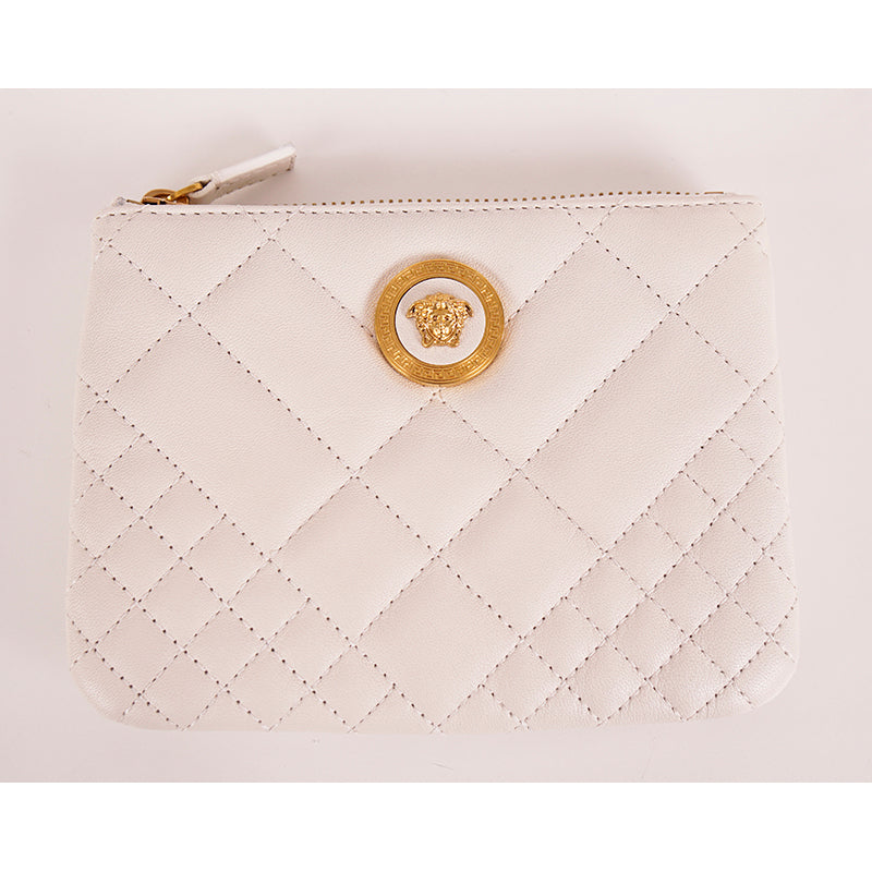 NEW $625 VERSACE White Leather Quilted GOLD MEDUSA Zip Top Wallet/Travel POUCH