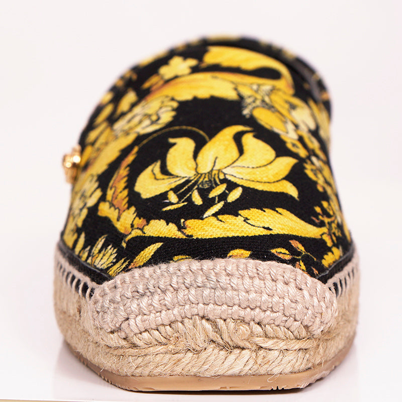 37 NEW $550 VERSACE Black Yellow BAROCCO FLORAL LOGO Espadrille SUMMER FLATS NIB