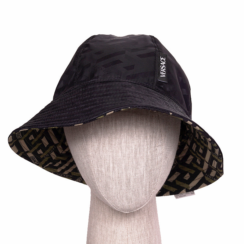 59 L NEW $350 VERSACE Green Black Nylon LA GRECA LOGO REVERSIBLE BUCKET HAT NWT