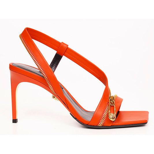37.5 NEW $1440 VERSACE Runway GOLD LOGO SAFETY PIN Orange-Red Leather 85 SANDALS