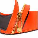 37.5 NEW $1440 VERSACE Runway GOLD LOGO SAFETY PIN Orange-Red Leather 85 SANDALS