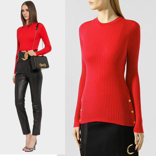 SZ 46 NEW $875 VERSACE Red Wool GOLD LOGO MEDUSA BUTTONS Rib SWEATER KNIT TOP