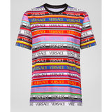 38 NEW $695 VERSACE Woman's Cotton Multicolor Striped LOGO Print T-Shirt Tee TOP