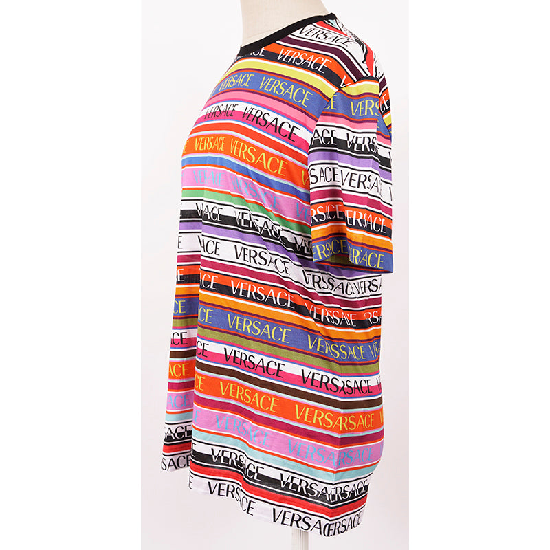 38 NEW $695 VERSACE Woman's Cotton Multicolor Striped LOGO Print T-Shirt Tee TOP