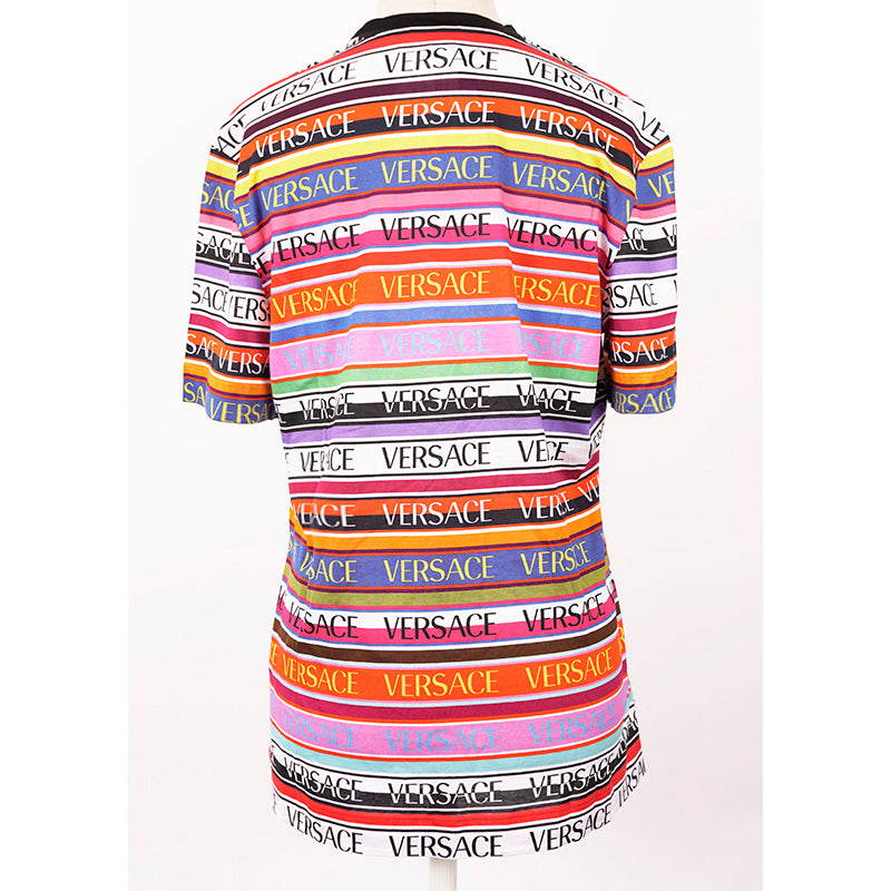 38 NEW $695 VERSACE Woman's Cotton Multicolor Striped LOGO Print T-Shirt Tee TOP