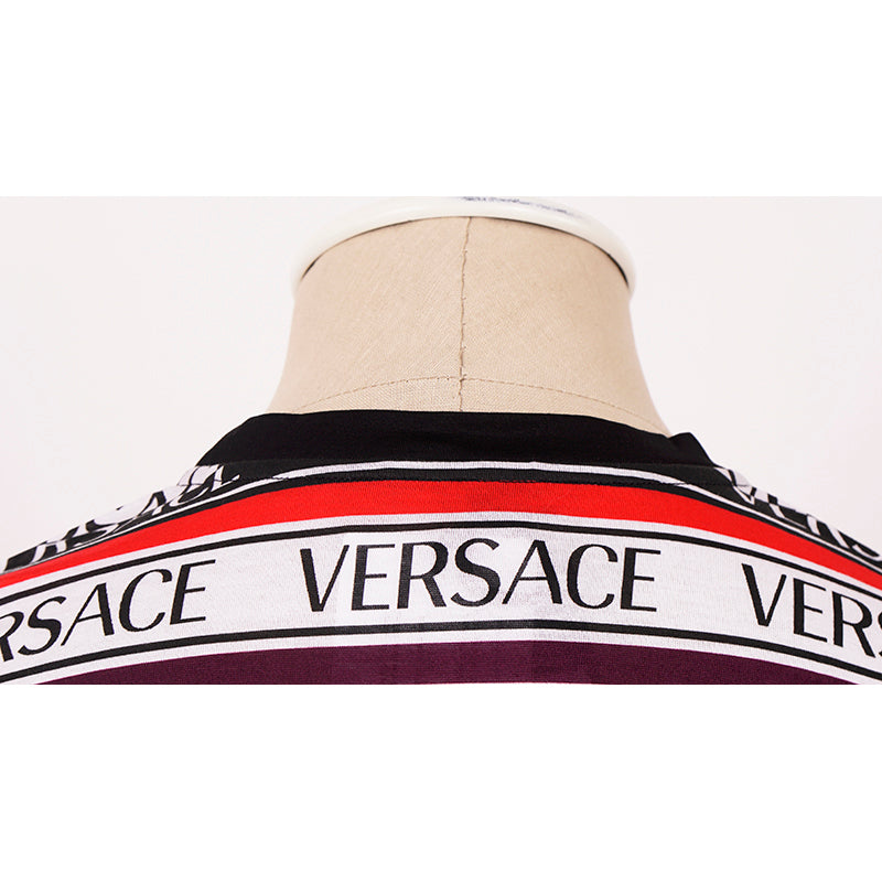 38 NEW $695 VERSACE Woman's Cotton Multicolor Striped LOGO Print T-Shirt Tee TOP