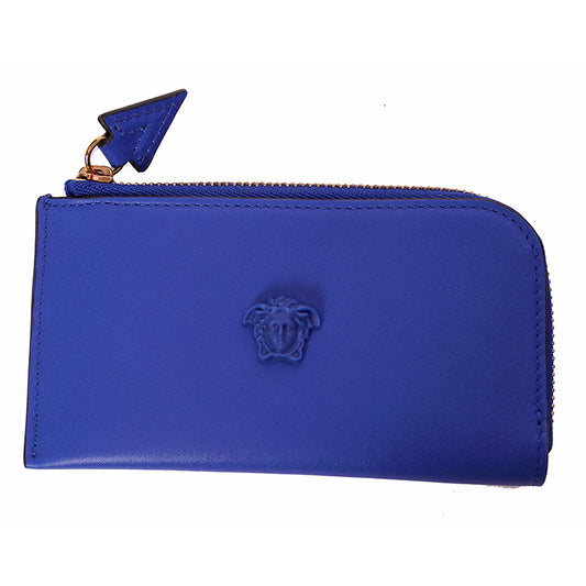 NEW $375 VERSACE Blue Leather LA MEDUSA LOGO Zipper CARD HOLDER CASE WALLET NIB