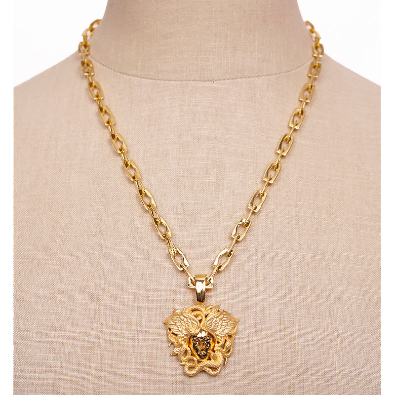 NEW $790 VERSACE Warm Gold Tone MEDUSA WINGED SERPENT Pendant Link NECKLACE NIB