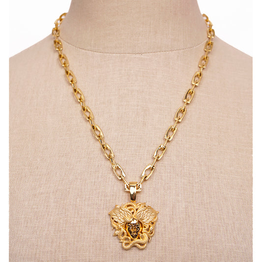 NEW $790 VERSACE Warm Gold Tone MEDUSA WINGED SERPENT Pendant Link NECKLACE NIB