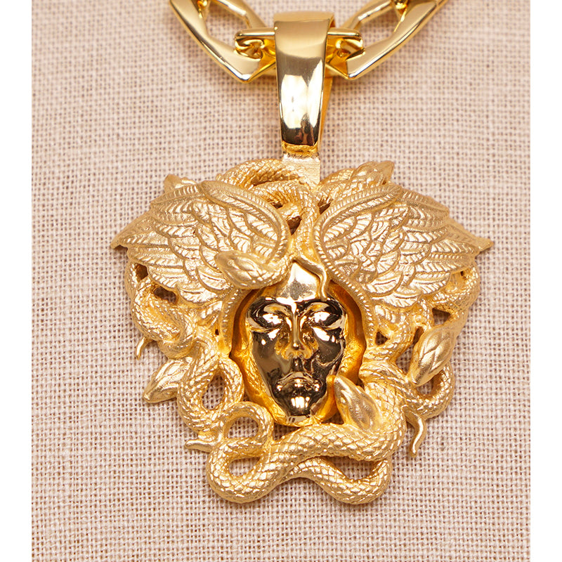 NEW $790 VERSACE Warm Gold Tone MEDUSA WINGED SERPENT Pendant Link NECKLACE NIB