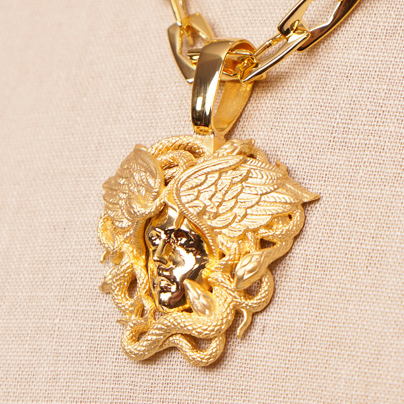 NEW $790 VERSACE Warm Gold Tone MEDUSA WINGED SERPENT Pendant Link NECKLACE NIB
