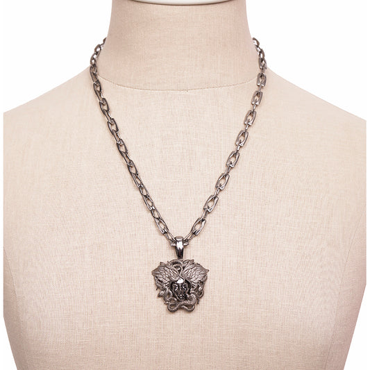 NEW $790 VERSACE Silver Tone MEDUSA WINGED SERPENT Pendant Link NECKLACE NIB