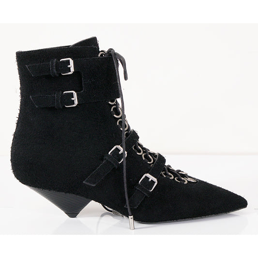 37.5 & 38 NEW $1,895 SAINT LAURENT Runway Black Suede BLAZE 45 BUCKLE Ankle BOOTS