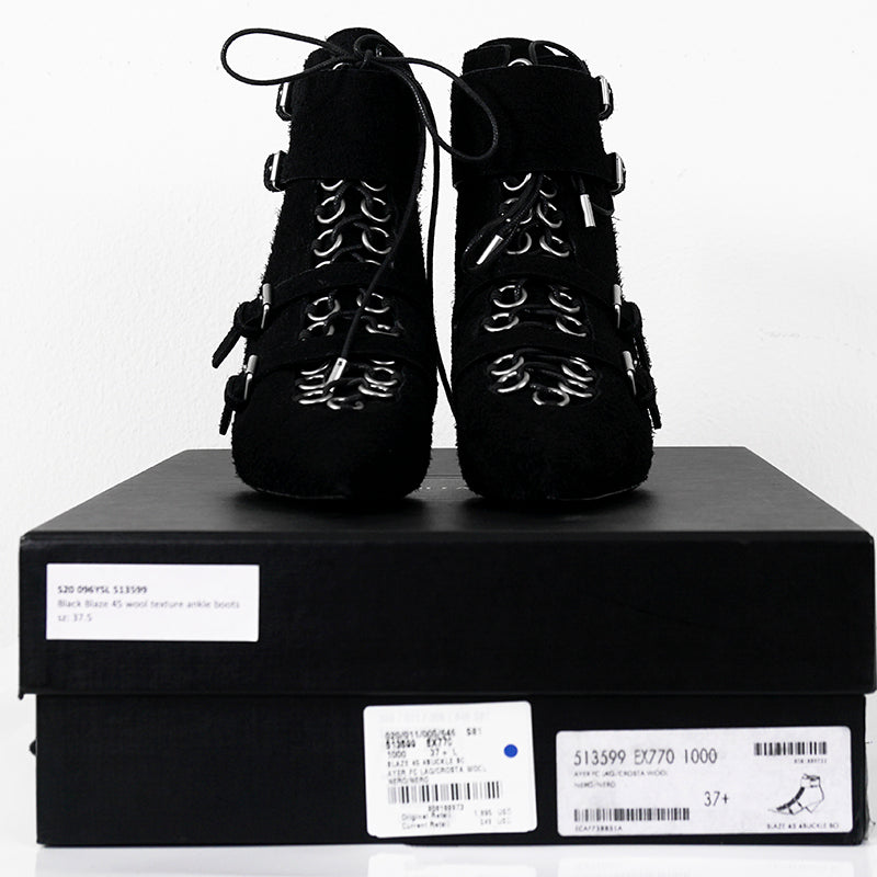 37.5 & 38 NEW $1,895 SAINT LAURENT Runway Black Suede BLAZE 45 BUCKLE Ankle BOOTS