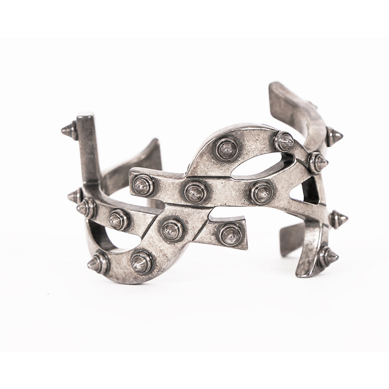 NEW $1,495 SAINT LAURENT Women’s AGED SILVER Brass Spikes Monogram Cuff BRACELET