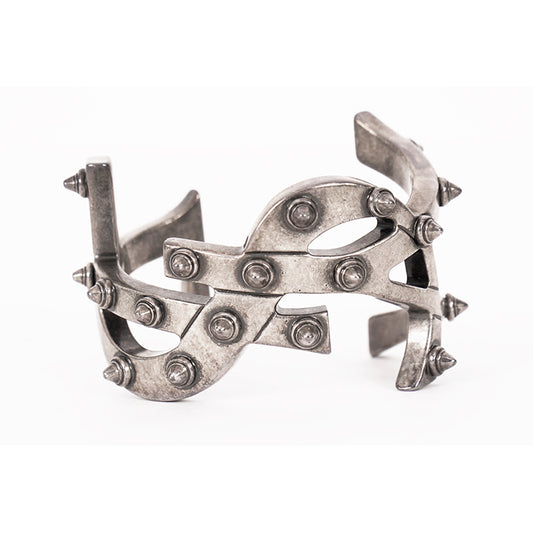 NEW $1,495 SAINT LAURENT Women’s AGED SILVER Brass Spikes Monogram Cuff BRACELET