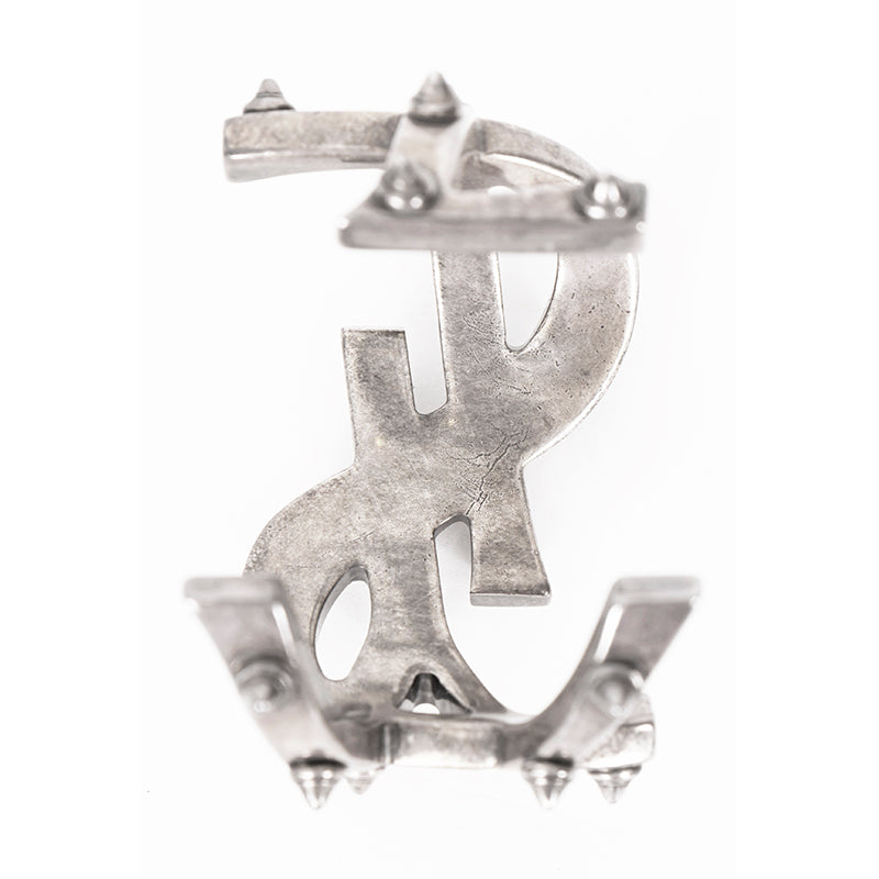 NEW $1,495 SAINT LAURENT Women’s AGED SILVER Brass Spikes Monogram Cuff BRACELET