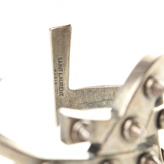 NEW $1,495 SAINT LAURENT Women’s AGED SILVER Brass Spikes Monogram Cuff BRACELET